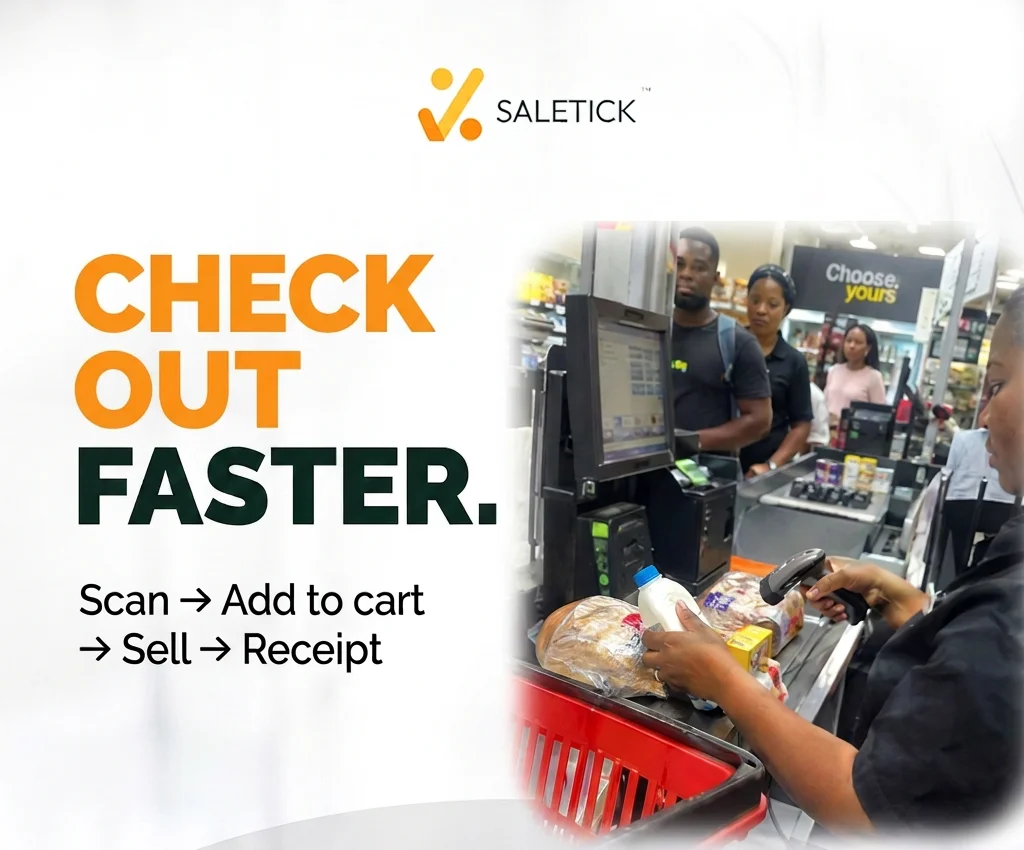 A cashier scanning items at a busy supermarket checkout: scan, add to cart, sell, receipt