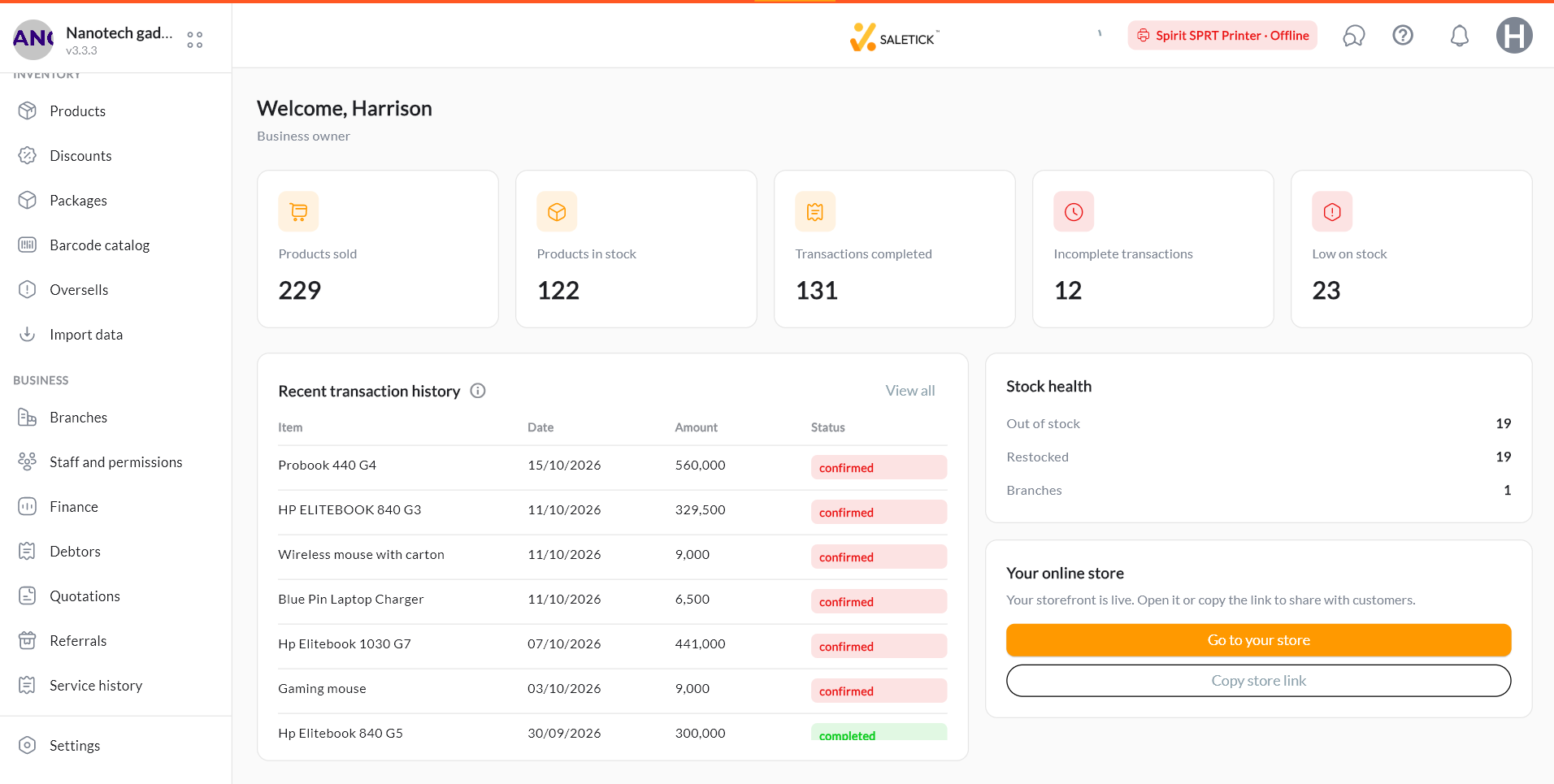 The Saletick dashboard showing products sold, transactions completed, low-stock items, stock health and recent transactions