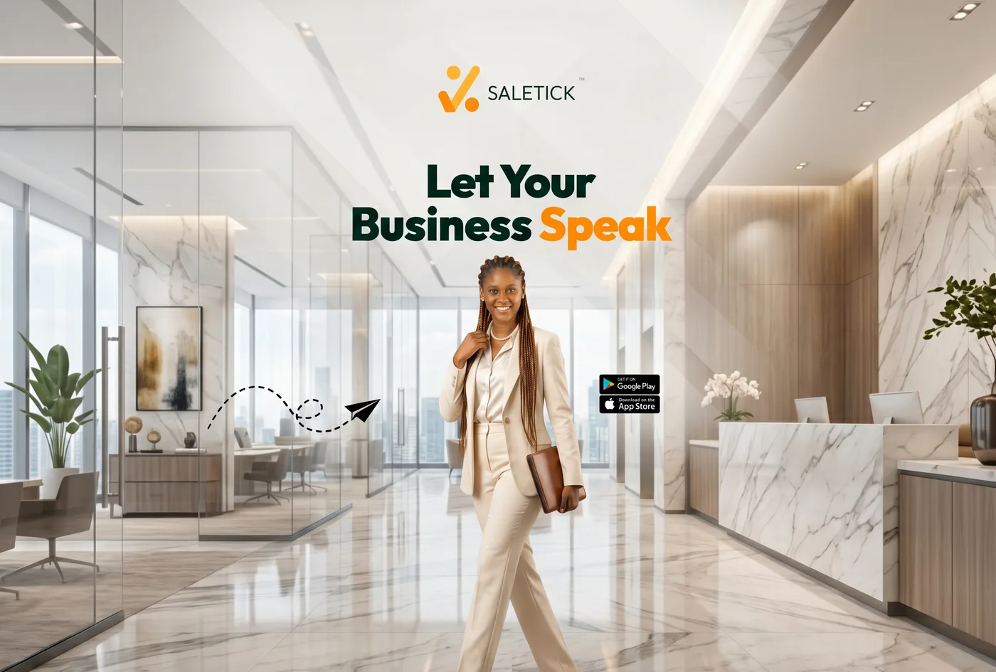 Let your business speak: a smiling business owner walking through a bright modern office