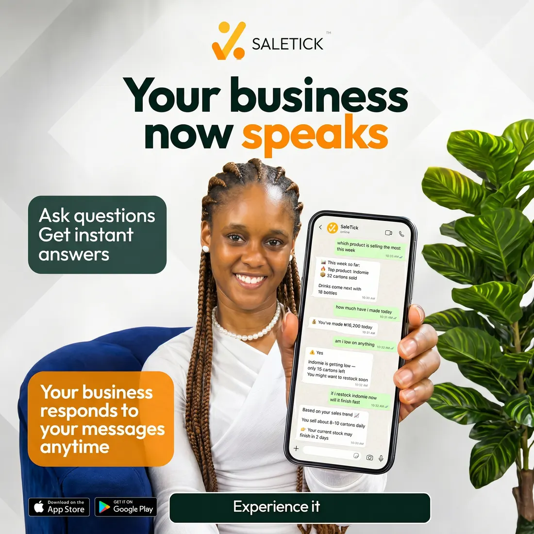 A WhatsApp chat where the owner asks which product sells most and how much was made today, and the business replies