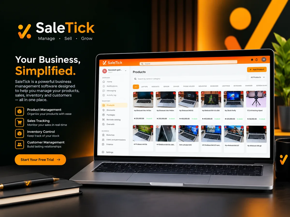 Saletick on a laptop showing the products screen, with product management, sales tracking, inventory control and customer management