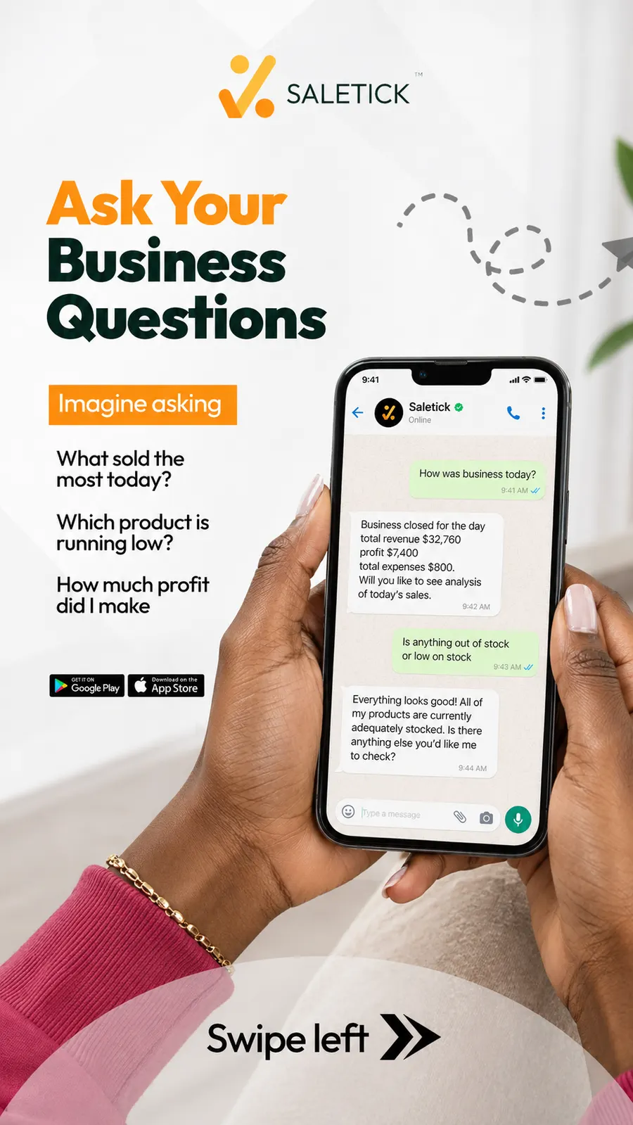 A WhatsApp chat where the owner asks which product sells most and how much was made today, and the business replies